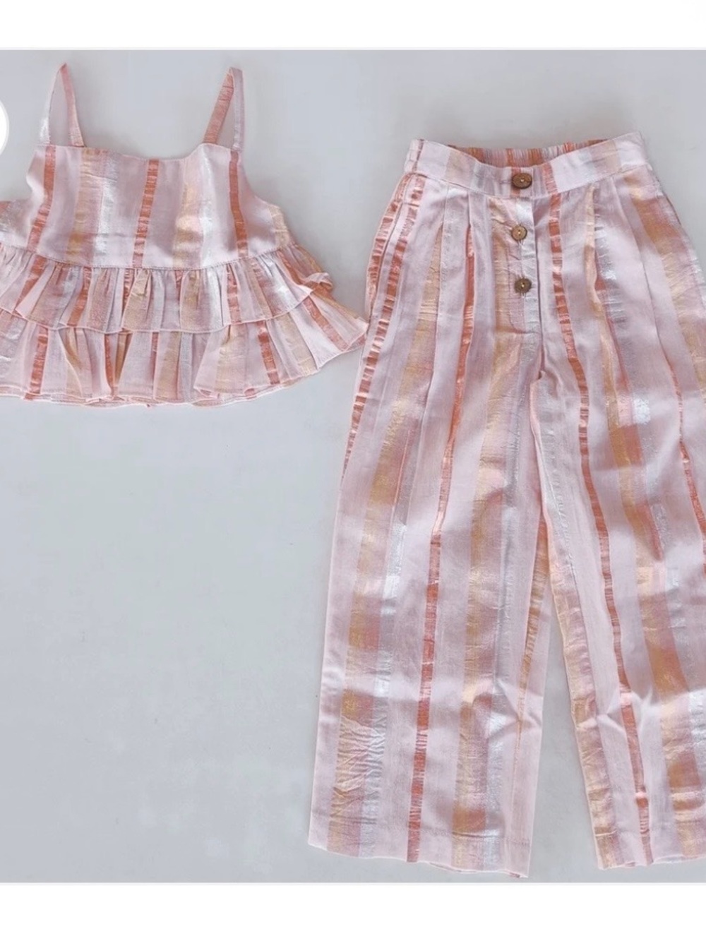 Yo Baby Pink Lurex Ruffle Top Pant Set Metallic Stripes Girls 6 Cotton Birthday